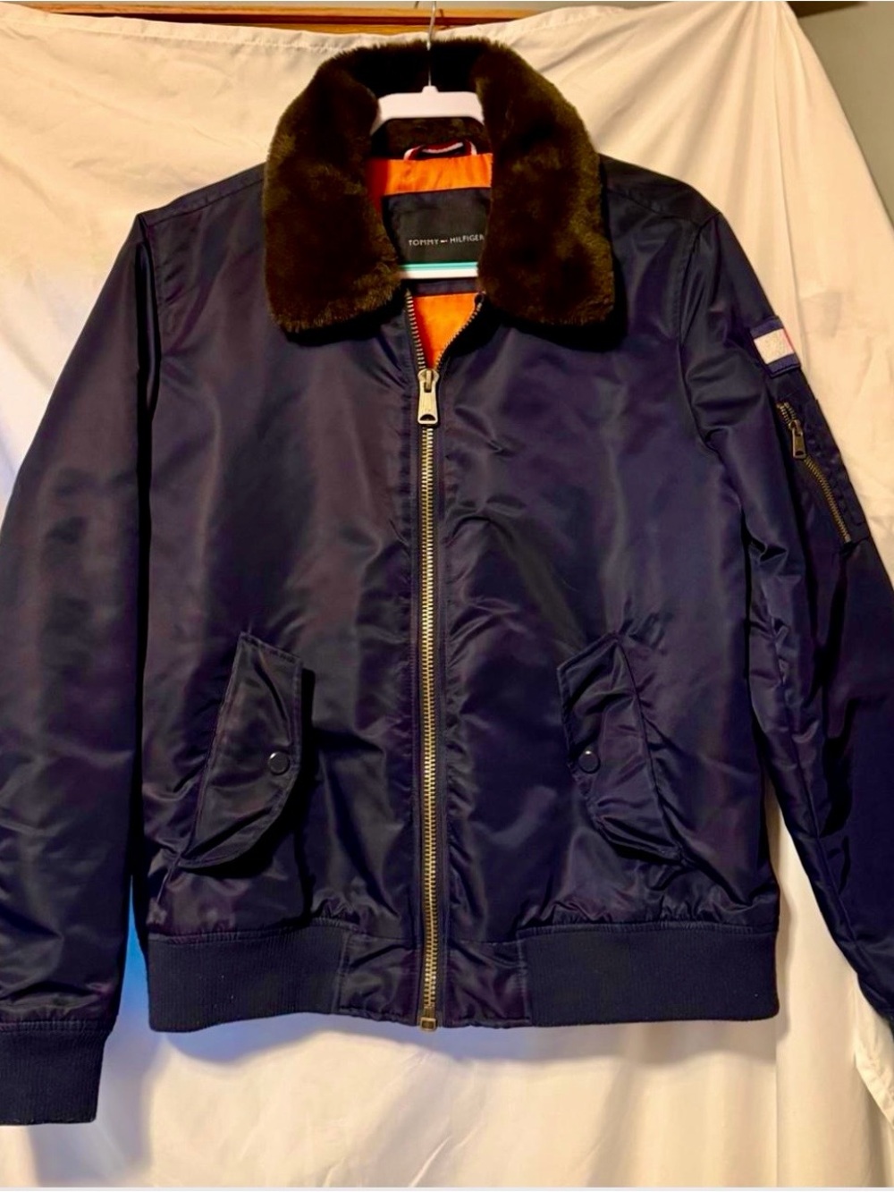 Tommy Hilfiger Navy Bomber Jacket with Faux Fur Collar